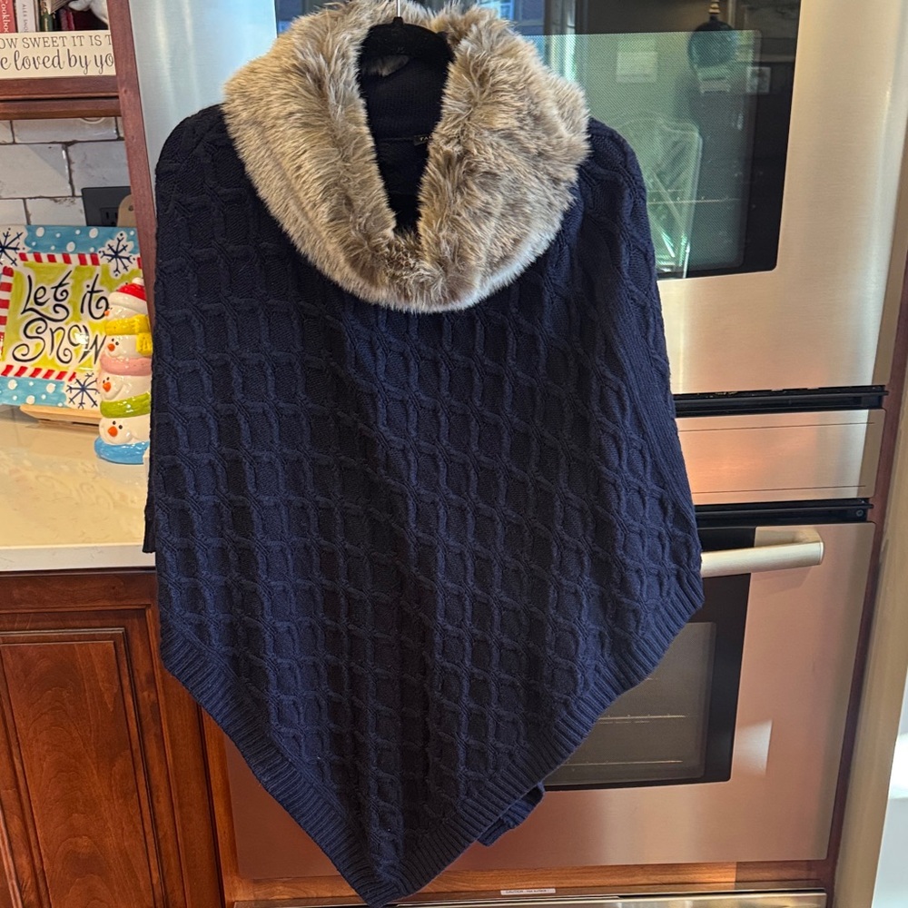Talbots Dark Blue Poncho with Faux Fur Trim